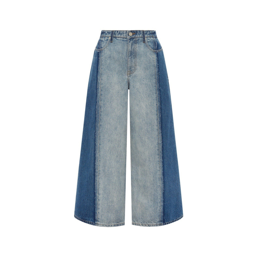NWT Alemais Jacones Spliced Denim Jean Indigo Wide Leg Embroidered AU 10 US 6